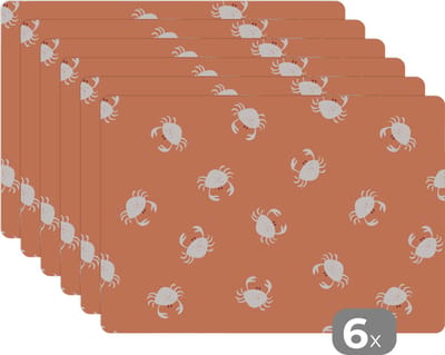 Placemat - Placemats kunststof - Patronen - Strand - Krab - 45x30 cm - 6 stuks - Hittebestendig - Anti-Slip - Onderlegger - Afneembaar