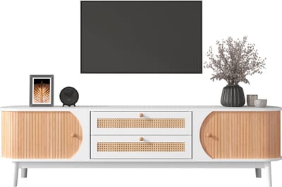 Merax Rattan TV Meubel van Hout - Kast met Schuifdeuren en Lades - Wit met Bruin