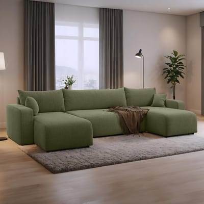 U-bank met opbergruimte Romee - Universeel - Teddy stof - Groen - Slaapbank met opbergruimte - Lounge Links of Rechts - Direct Leverbaar - U-zetel - Chaise longue - Zetel met slaapgedeelte - 4 zits - Zitcomfort Medium