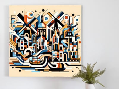 Abstract amsterdam schilderij | Briljante chaos: een abstracte ode aan het hart van Amsterdam | Kunst - 100x100 centimeter op Forex | Foto op Forex