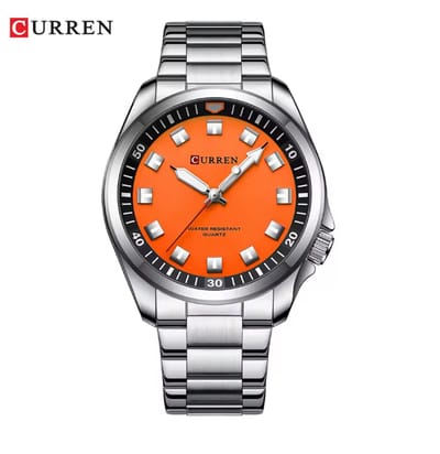 Curren Horloge – Heren – Zilverkleurig met Oranje Wijzerplaat – Model 8451 – Stoer Herenhorloge – Opvallend Cadeau