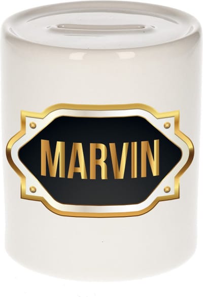 Spaarpot met voornaam Marvin - wit - met goud/zwart embleem - 8 x 9 cm - keramiek - met afsluitdop - cadeau verjaardag