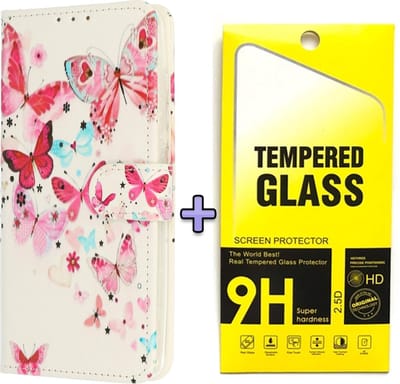 HB Hoesje Geschikt voor Samsung Galaxy S21 FE met Print - Portemonnee Book Case - Kaarthouder & Magneetlipje - Vlinders & Glazen Screenprotector