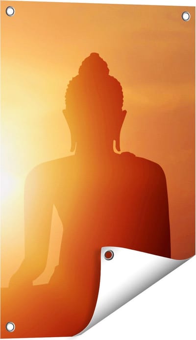 Gards Tuinposter Silhouet van een Boeddha Beeld met Zonsondergang - 40x60 cm - Tuindoek - Tuindecoratie - Wanddecoratie buiten - Tuinschilderij