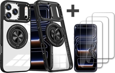 Hoesje Geschikt voor iPhone 17 Pro Arara hoesje voor Magsafe Transparant hard case - kickstand Draaibare Ring Houder met 3 stuks screenprotectors - Zwart