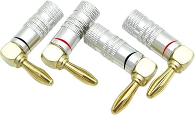 Haakse Banaanstekker – Banaanplug – Speakerstekker – Luidsprekerplug 24K Verguld – Set van 4 stuks (Rood/Zwart)