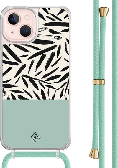 Casimoda® hoesje met mintgroen koord - Geschikt voor iPhone 13 - Abstract Mint Palms - Afneembaar koord - TPU/acryl - Mint
