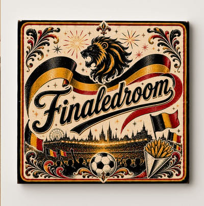 België Finaledroom Voetbaltegel – Belgische Supporter Design met Leeuw, Stadion, Voetbal, Friet en Vlagkleuren – Decoratieve Keramische Cadeautegel