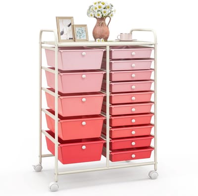 COSTWAY Rolwagen met 15 stapelbare laden, ladewagen, rolcontainer met metalen frame en legvlak, opbergwagen voor kantoor, woonkamer, 63 x 37 x 87 cm