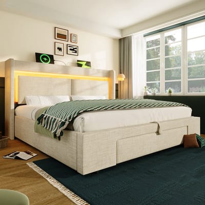 Wishdor Gestoffeerd Bed - 140 x 200 cm - Hydraulische Opbergruimte - LED en USB/USB-C - Linnen - Beige - Inclusief Matras - Compleet Slaapcomfort