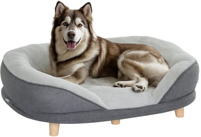 PawHut Hundesofa Hundecouch, Waschbarer Bezug, Haustiersofa mit Rückenlehne und Holzbeine, Katzensofa, Hundbett für mittelgroße Hunde unter 25 kg, 90cm x 78cm x 25cm, Grau