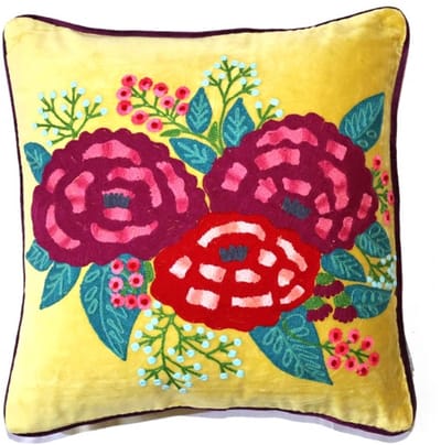 Only Natural sierkussen kussen velvet fluweel geel met retro bloemen 45 x 45 cm
