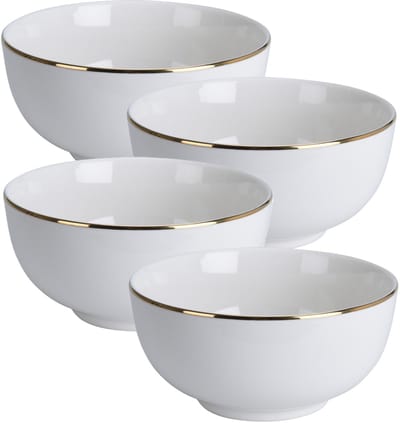 Kommetje/serveer schaaltje - 4x - wit met gouden rand - D14 x 7 cm - porselein - ontbijt/hapjes - stapelbaar - Soepkommen