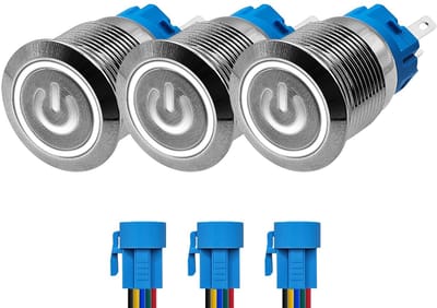 ProRide Drukschakelaar ON-OFF 12V/24V - 19mm Metaal - Waterdicht - LED Wit - Met Kabels - 3 stuks