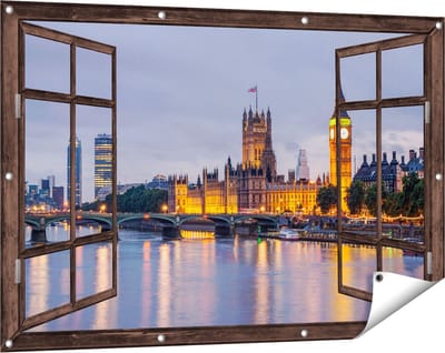 Gards Tuinposter Doorkijk London Big Ben en Westminster Brug - 120x80 cm - Tuindoek - Tuindecoratie - Wanddecoratie buiten - Tuinschilderij