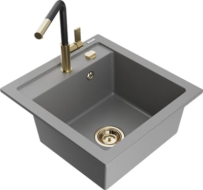 Mexen Vito granieten spoelbak 1-komor met keukenmengkraan Flora, grijs - 6503-71-670401-57-G