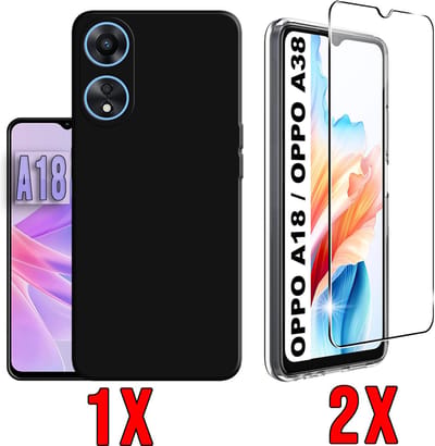 Casemania Hoesje Geschikt voor Oppo A18 Zwart & 2X Glazen Screenprotector - Siliconen Back Cover
