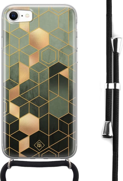 Casimoda® hoesje met koord - Geschikt voor iPhone 8 - Kubus Groen - Afneembaar koord - Siliconen/TPU - Groen