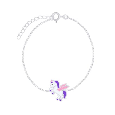 Joy|S - Zilveren eenhoorn armband - 14 cm + 3 cm - unicorn wit paars met glitter roze vleugeltjes - voor kinderen