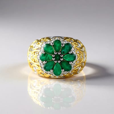 Cavill - 925 Sterling Zilver Ring met 2,111 ct Zambia Smaragd - Palladium Verguld - Filigraan Bloemmotief met Zirkonen - Elegante Damesring