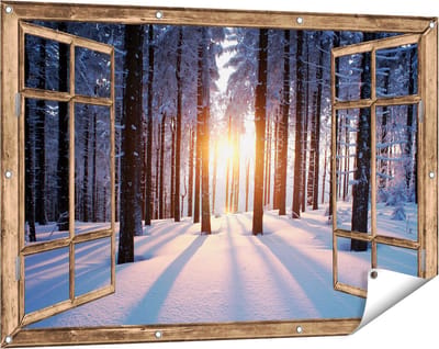 Gards Tuinposter Doorkijk Bos met Sneeuw tijdens de Zonsondergang - 120x80 cm - Tuindoek - Tuindecoratie - Wanddecoratie buiten - Tuinschilderij