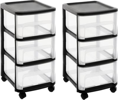 2x stuks ladenkast organizers zwart A4 3x lades met wieltjes L32 x B37 x H61 cm - Ladenblokken