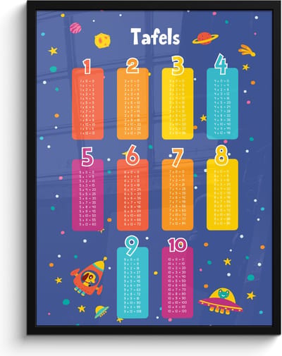 Poster in lijst - Fotolijst 60x80 cm - Posters - Tafels van vermenigvuldiging - Leren rekenen voor kinderen - Getallen oefenen - Ruimte - Posterlijst zwart - Kamer decoratie - Wanddecoratie kinderkamer - Muurdecoratie babykamer