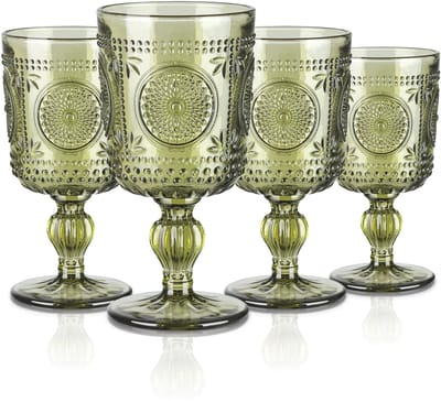 Dailygoods- Wijnbeker 300 ml - Vintage Glazen - Set van 4 - Vaatwasmachinebestendig - Luxe Design - Romantische Zonnebloem Reliëf - Drinkglas