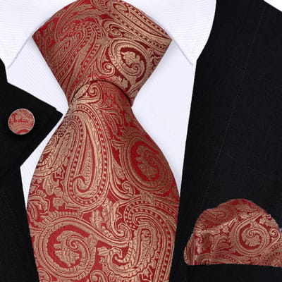Sorprese Stropdas met Pochet en Manchetknopen - Paisley Rood/Goud - 8cm - 100% Zijde - Pochette - Cadeau