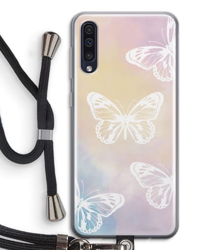 Case Company® - Hoesje met koord geschikt voor Samsung Galaxy A50 hoesje met Koord - White butterfly - Telefoonhoesje met Zwart Koord - Bescherming aan alle Kanten en Over de Schermrand
