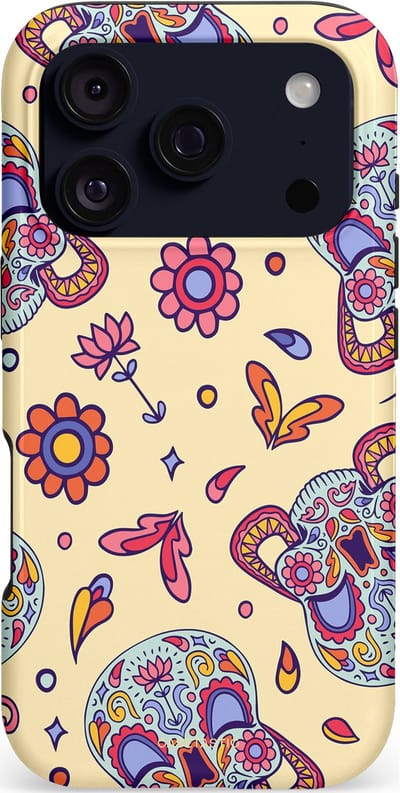Casetastic hoesje geschikt voor Apple iPhone 17 Pro - MagSafe - Dubbellaagse bescherming - Dia de los Muertos Doodshoofd Bloemen - Fashion Case - Lila Crème Roze