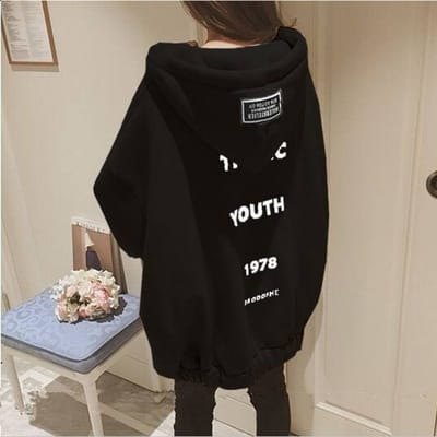 Sweat-shirts décontractés à manches longues pour femmes Printemps/Automne Hip Hop Street Zippé Cordon de serrage Sweat à capuche Veste Imprimé Lettres Manteaux Style Gothique Harajuku M noir
