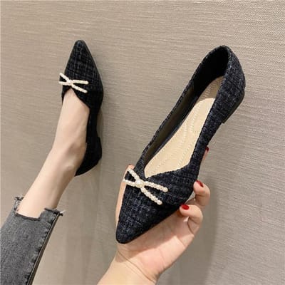 Femmes Appartements Bout Pointu Couleur Unie Grande Taille 43 44 45 46 Perles Printemps Nouveau Mocassins Décontractés Chaussures Plates Zapatillas Mujer 36 noir