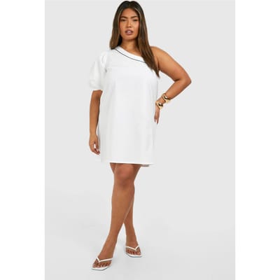 boohoo Dames Plus geweven borduurdetail een-schouder mini-jurk | Wit | Maat: 50