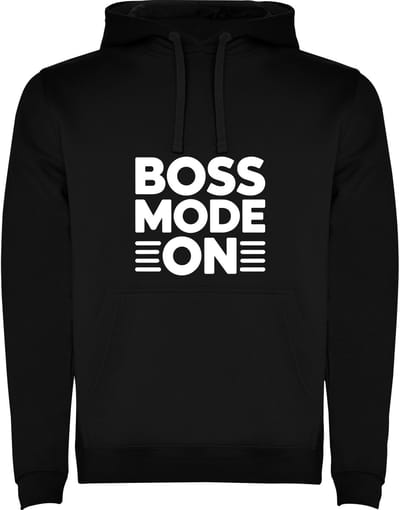 Zwarte Hoodie BOSS Mode On geplaatst tussen streepjes make it work - Zelfsport - Humor Maat M