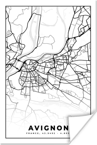 Poster Stadskaart - Frankrijk - Kaart - Plattegrond - Avignon - Zwart wit - 120x180 cm XXL
