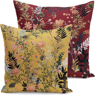 Velvet Kussenhoesjes - kussenhoes set van 2 - 45x45 - Bloemen op Bordeaux & Geel - Aan beide zijdig bedrukt