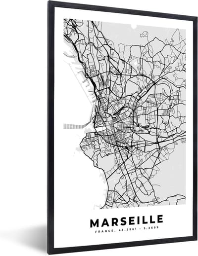 Fotolijst incl. Poster - Marseille - Plattegrond - Frankrijk - Kaart - Stadskaart - 40x60 cm - Posterlijst