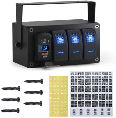 12V/24V Schakelpaneel met 3 Snelheden, Waterdicht Besturingssysteem voor Truck en Boot, Inclusief Digitale Voltmeter en QC3.0 Oplaadconnector voor RV en Auto