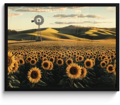 Poster in lijst - Fotolijst 70x50 cm - Posters - Zonnebloem - Veld - Windmolen - Posterlijst zwart - Decoratie - Wanddecoratie woonkamer - Muurdecoratie slaapkamer