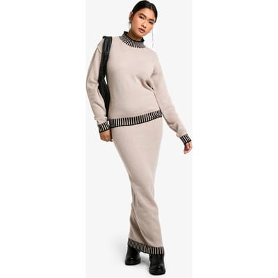 boohoo Dames Premium Gebreide Co-ord met Contrasterende Afwerking Jumper en Maxi Rok | Taupe | Maat: Small