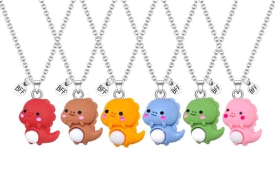 Bixorp Friends BFF Ketting voor 6 met Schattige Dino - Blauw, Groen, Roze, Rood, Oranje & Bruin - Dinosaurus met ei - 45cm + 5cm verstelbaar
