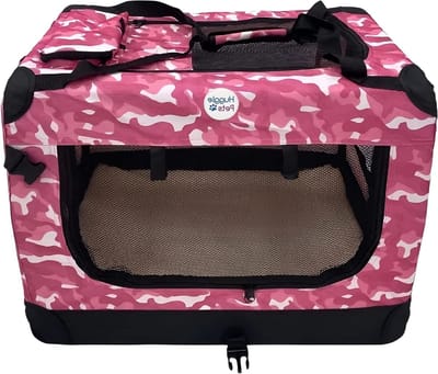 HugglePets Lichtgewicht stoffen hondenkratdrager, met mat en traktatie voedselzak (medium, roze camo)