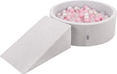 KiddyMoon Speeltoestel met Ballenbad Ramp - 7cm 200 Ballen - Ballenbak ballen voor baby's - Ballenbak schuim voor kinderen - Hindernisbanen - Speelbad - Lichtgrijs: Poederroze Parel Transparant