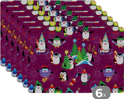 Placemat - Placemats kunststof - Pinguïn - Kerstmis - Vuurwerk - Winter - Design - 45x30 cm - 6 stuks - Hittebestendig - Anti-Slip - Onderlegger - Afneembaar