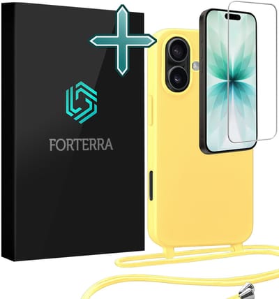 Hoesje Geschikt voor iPhone 17 Case Siliconen Hoes Met Koord Met Screenprotector - Hoes Geschikt voor iPhone 17 Met Telefoonkoord Hoesje Backcover - Geel