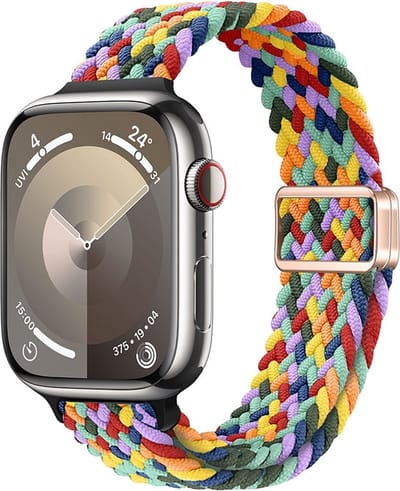Bandje van gevlochten nylon - geschikt voor Apple Watch 1/2/3/4/5/6/7/8/9/10/11/ SE (1,2,3) met maat 38 mm / 40 mm / 41 mm en 42 mm (Watch 10/11) - regenboog