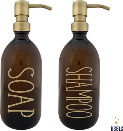 BBBLS® Design Dispenser Giftset "Soap Shampoo" | Bruin Glas | 500ml | RVS / Metaal Pomp Goud | Zeeppomp | Zeepdispenser | Zeephouder