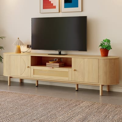 MODENUIT Tv-meubel - Afgerond Ontwerp Met Kabeldoorvoer En Opbergruimte - Woonkamer - MDF Naturel - 175x36x51 cm