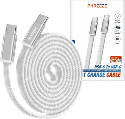 2x Phreeze USB C naar USB C Kabel 240W 5A Wit - USB-C Kabels - Nylon Gevlochten - Plat Ontwerp - Lange Levensduur - Snellaadkabel - Datakabel - USB Oplaadkabel voor telefoon, tablet & laptop